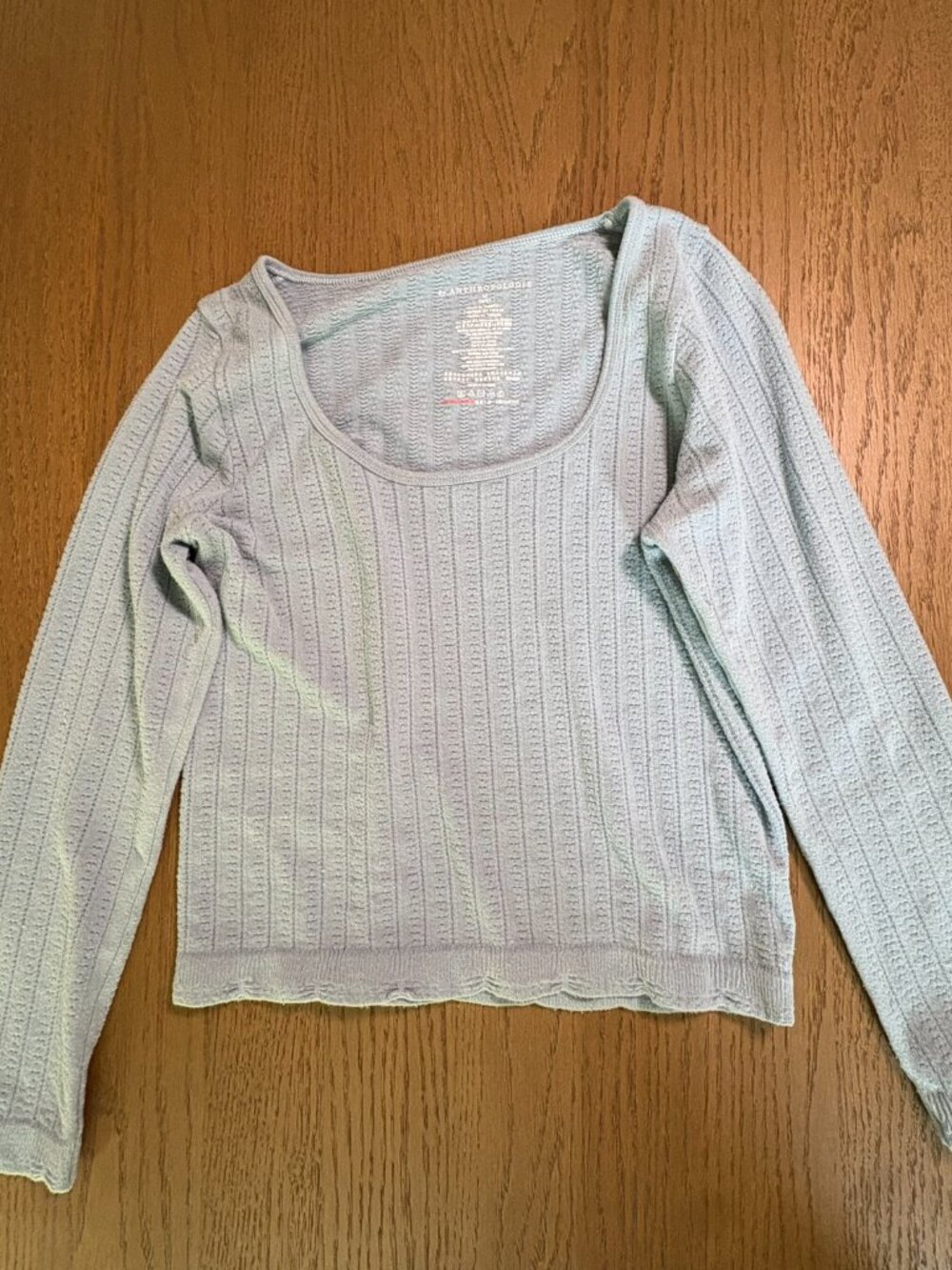 Anthropologie Ribbed Knit 3/4 Sleeve Crop Top with Scalloped Hem - Picture 2 of 4